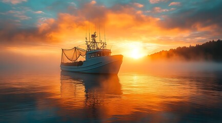 Fototapeta premium Fishing Boat Drifting On Calm Water During Stunning Sunrise With Misty Background