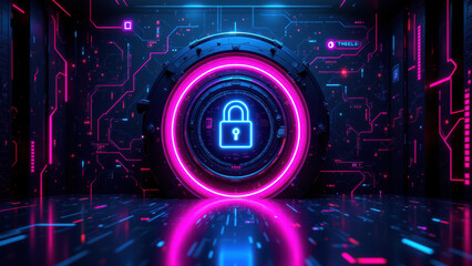 Futuristic cybersecurity environment with glowing neon data streams and a central locked vault symbolizing secure digital access.