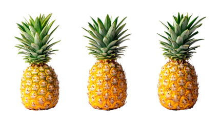Three whole ripe pineapples with green crowns stand vertically isolated on a bright transparent background suitable for supermarket