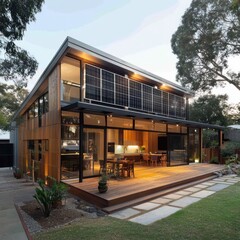 Fototapeta premium Modern sustainable house with solar panels, large deck, and open floor plan.