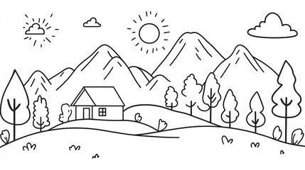 Naklejka premium Simple Line Art Landscape with House and Mountains