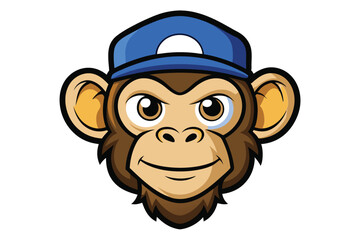 Cartoon Monkey Mascot Head with Blue Cap and Smiling Face on White Background