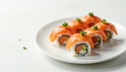 Elegant sushi arrangement on white, minimalist setting, white background, restaurant