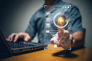 Innovative user interaction in digital business modern workspace technology visualization indoor close-up engagement