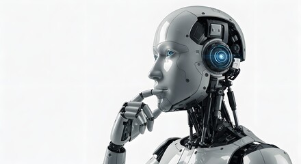 Contemplative Robot with Glowing Blue Eye - Futuristic AI and Cybernetic Design in Thoughtful Pose