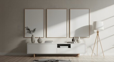 Minimalist Living Room with White TV Stand, Framed Art, and Tripod Lamp Bright and Airy Interior Design