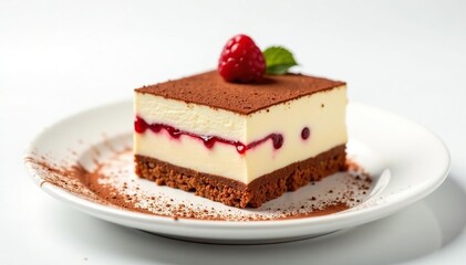 Elegant tiramisu portion, dusted with cocoa, white backdrop , closeup, food styling