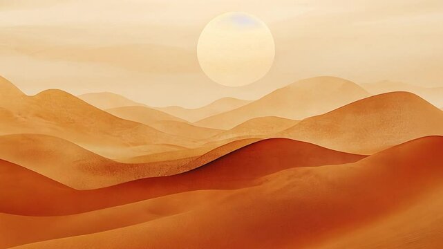 Ethereal golden desert landscape with smooth sand dunes and a glowing sun illustration
