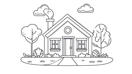 Fototapeta premium Simple Line Drawing of a Cottage in a Landscape for Coloring Book