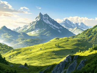 Majestic Mountain Landscape with Lush Green Hills and Blue Skies