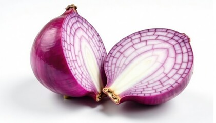 Close-up of a halved red onion, showing layers, white backdrop, macro, layers