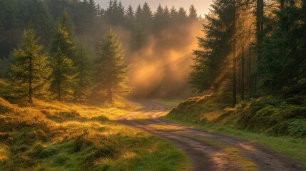 Obraz premium Sunrise path through misty forest