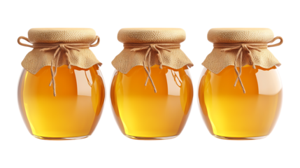 Three glass jars filled with golden honey and tied with rustic cloth lids are isolated on a transparent background for packaging design.