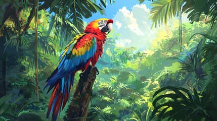 Vibrant macaw perched on a tree in lush rainforest.