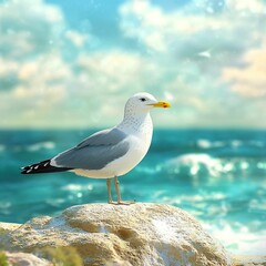 Obraz premium Seagull on a Rock by the Ocean with Blue Sky and Soft Clouds