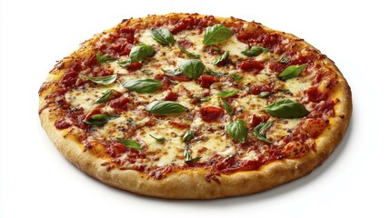 Savory Margherita Pizza with Basil, Mozzarella Cheese, and Tomato Sauce on White Background