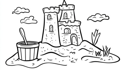 Child's drawing of a sandcastle with bucket and shovel
