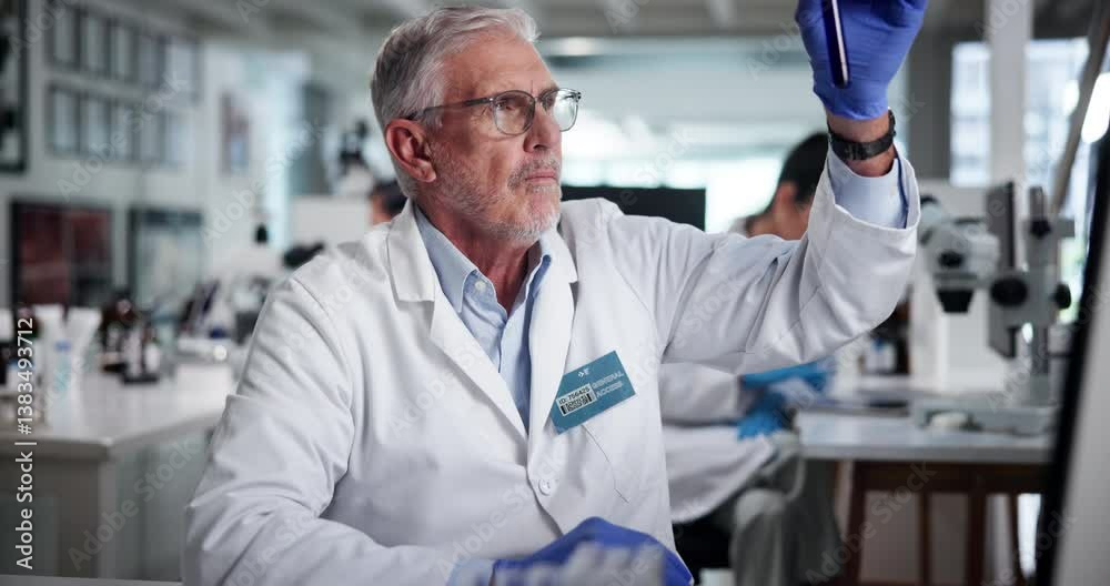 Poster science, research and man with chemistry liquid, experiment and testing for vaccine development. mat