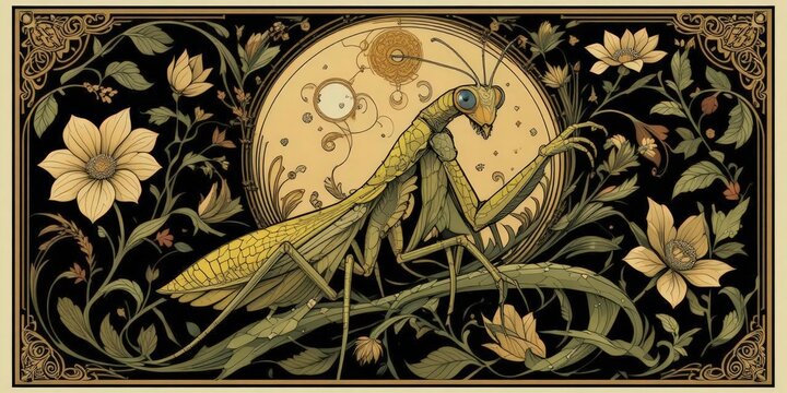  Praying Mantis Nouveau An Elegantly Designed Praying Mantis Illustration in the Art Nouveau Style, Botanical Decor