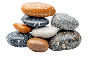 Stacked river pebbles isolated on transparent background, smooth natural stones cut out for zen-inspired decoration and relaxation imagery