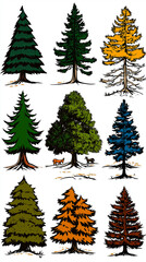 Obraz premium Diverse Evergreen Trees: A collection of various illustrated evergreen trees showcasing the diversity of forms, colors, and textures found in the natural world.