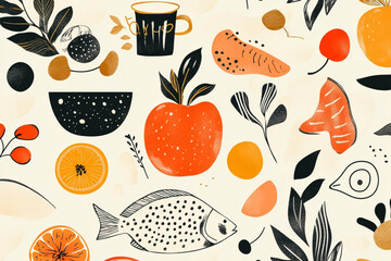 Abstract food illustration with fruit and a fish