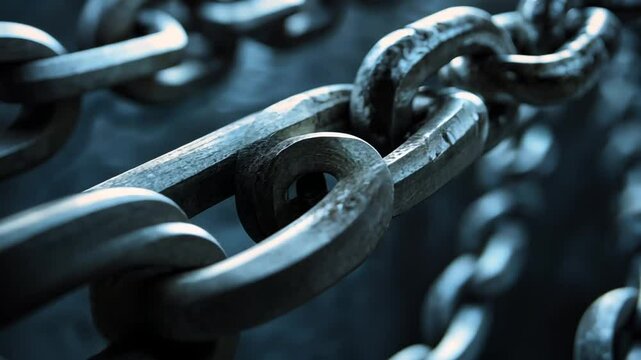 Detailed cinematic view of a robust metal chain with interconnected links close-up