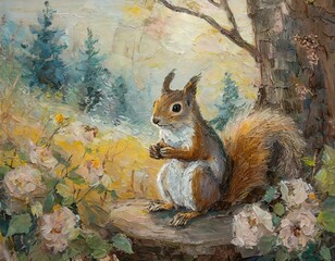 Classic Squirrel Oil Painting in Garden