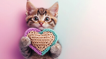 Cute kitty holding a crochet-knitted heart isolated on background, copy space. Relationship, emotional concept, national pet day banner