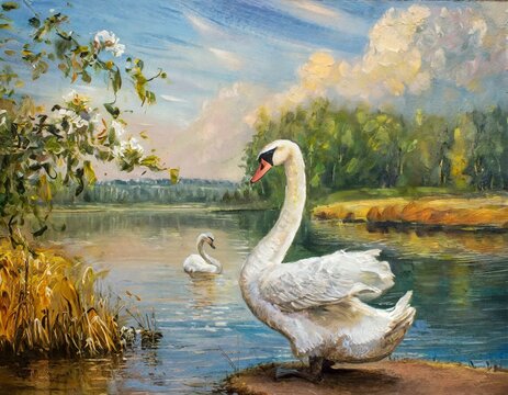 Vintage Swan Lake Oil Painting