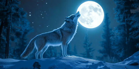 A 3D Wolf Howling Under the Moonlight Capturing Emotion and Atmosphere