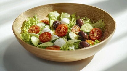 Fresh salad with cherry tomato cucumber black olive mozzarella lettuce in wooden bowl