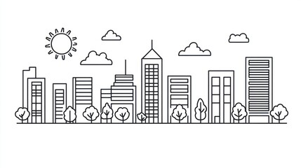 Outline city skyline, sunny day, trees, simple illustration, background