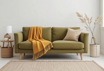  Hygge Home Olive Green Couch and Woven Mustard Throw in a Clean Scandinavian Style Setting
