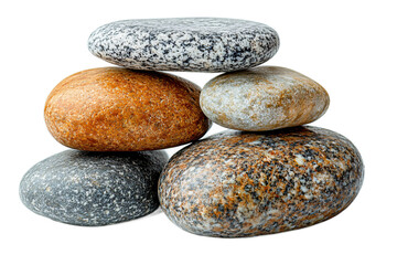 Elegant river pebbles isolated on transparent background, smooth natural stones cut out for zen garden design and peaceful wellness spaces