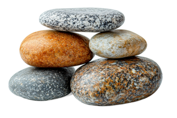Elegant river pebbles isolated on transparent background, smooth natural stones cut out for zen garden design and peaceful wellness spaces