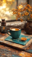 Cup of coffee on a table with a flower vertical background