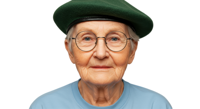 Isolated Portrait of a Smiling Senior Woman Wearing a Beret and Glasses