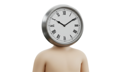 Isolated Man with Clock Head symbolizing Time Management
