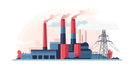 Obraz premium Industrial complex landscape, factory buildings, power lines, background of pollution, use as stock photo for industrial design