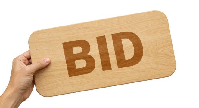 Isolated Hand Holding Wooden Cutting Board with the Word BID