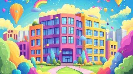 Colorful city building, festive celebration, park, hot air balloons