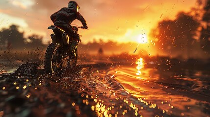 Intense quad motorbike race on dusty track at evening sunset.