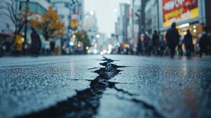 Cracks on the urban street following a seismic event in Tokyo during a rainy day with pedestrians in the background