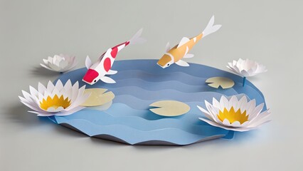 Fototapeta premium Two vibrant paper koi fish swim in a stylized blue pond surrounded by blooming lotus flowers and lily pads in a peaceful scene.