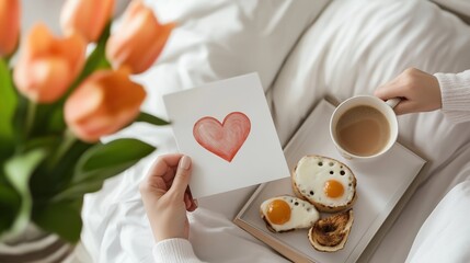 Breakfast in bed with coffee, toast and eggs next to a heart card and bouquet of tulips. Concept of love, care, appreciation and peaceful morning ritual