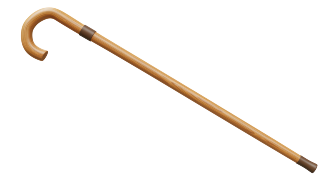 Isolated Classic Wooden Walking Stick for Support or Assistance