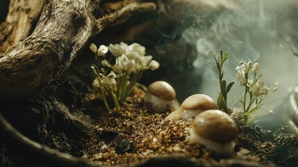 Obraz premium Mystical mushroom arrangement with smoke and flowers.