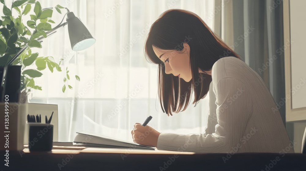 Poster professional writing in a minimalist office space with natural light and soft colors during a calm w