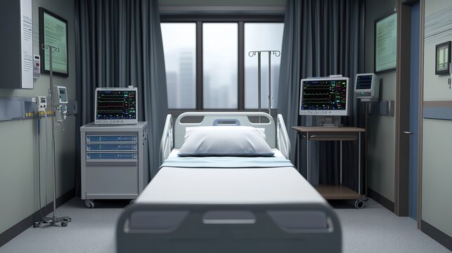 Medical equipment in a hospital room urban city gigapixel standard clinical environment wide angle healthcare focus